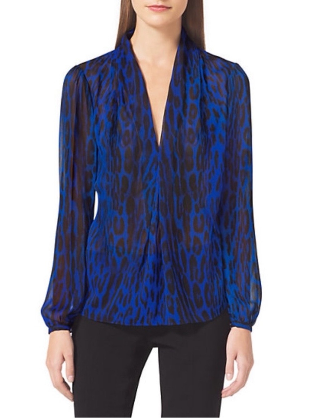 Michael Kors Royal Blue and Black Animal-Print V-Neck Blouse